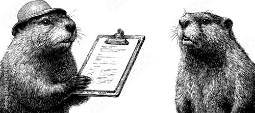 Engraved beaver illustration set with toolbelt - vintage grunge style for design