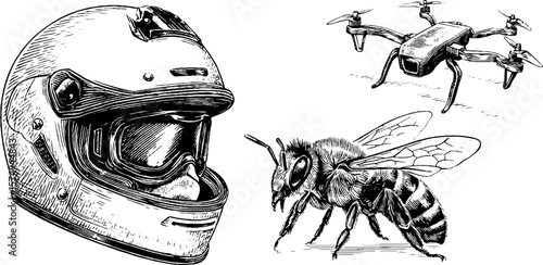 Engraved bee and futuristic helmet with drone elements for design