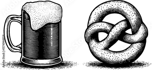 Engraved beer mug and foamy pretzel illustration for festive design