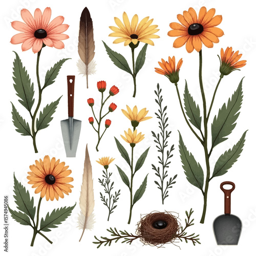 Boho floral and nature elements vector illustration set Colorful rustic flowers and leaves for wedding or autumn design