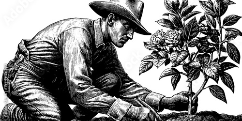 Vintage botanist engraving set: pressing flowers in nature study illustration