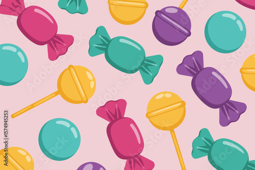 A seamless pattern of colorful candies including lollipops and wrapped sweets on a pink background