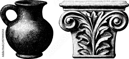 Engraved vintage bronze jug and architectural relief design for artistic decor and historical illustration