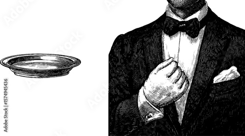 Vintage butler engraved illustration set in tuxedo for classic design