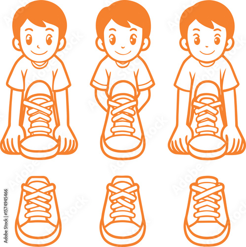 Orange illustration of three smiling children with large shoes and shoelaces kids