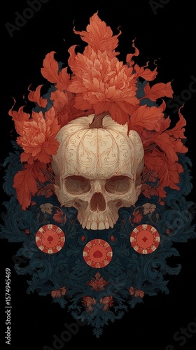A skull with flowers and card suit chips on a black background