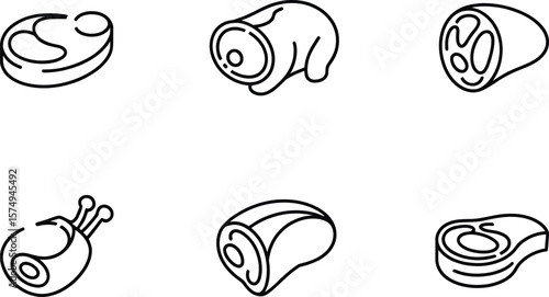 Six Isometric Line Art Cuts of Meat: Steak, Roast, and More.