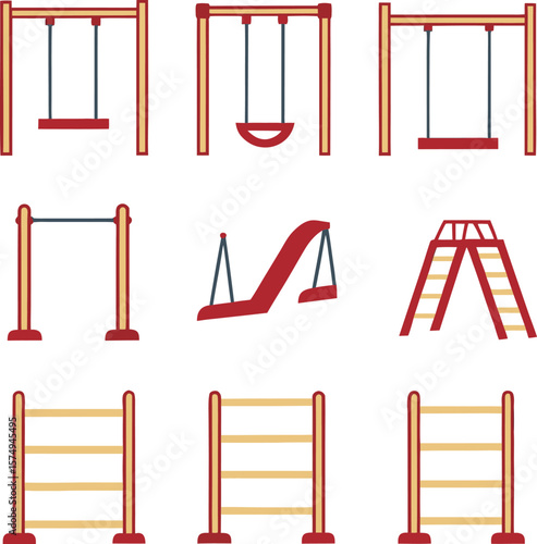 Red and yellow playground equipment including swings slide and climbing bars horizontal bar