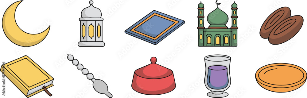 Obraz premium Islamic cultural symbols including crescent moon mosque prayer mat dates book lantern prayer beads and drink 2025 bundle set download