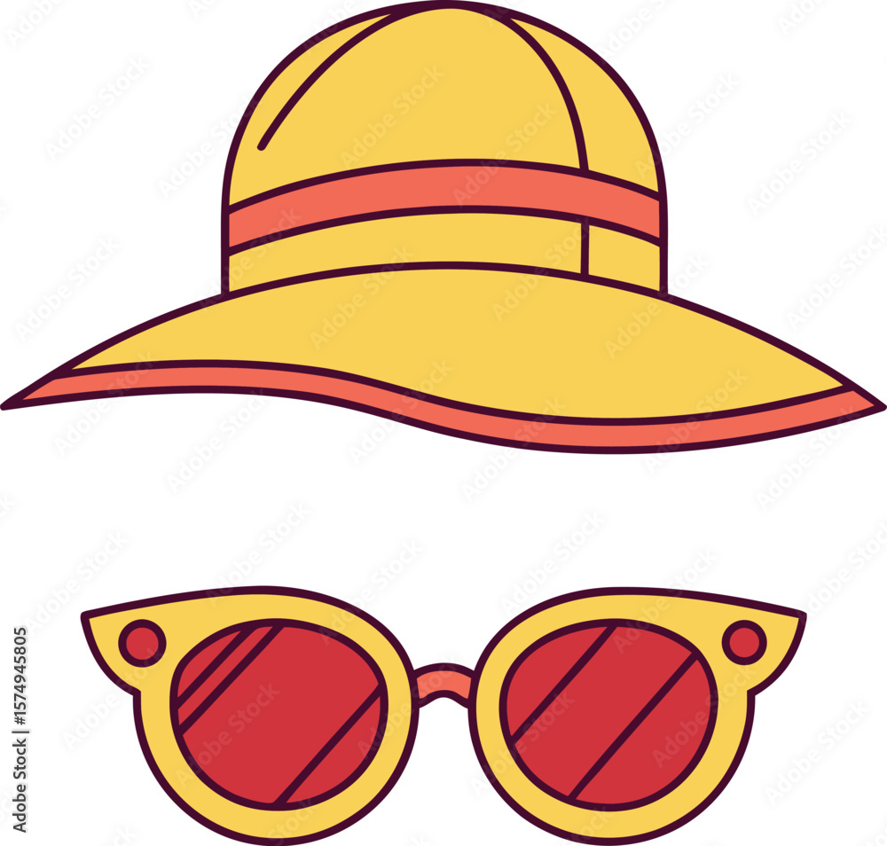 Fototapeta premium Yellow sun hat with coral band and red sunglasses with yellow frames summer fashion