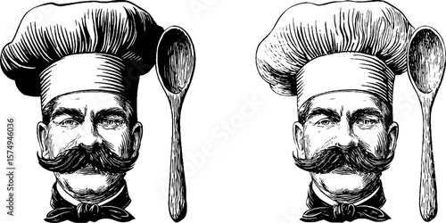 Vintage chef portrait with moustache and spoon - engraved art for culinary nostalgia