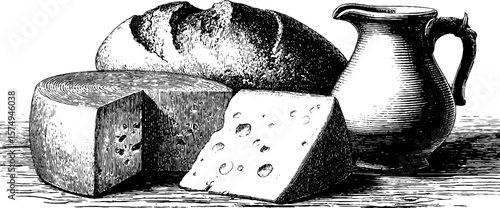 Engraved vintage cheese wheel, bread, and pitcher collage for culinary art
