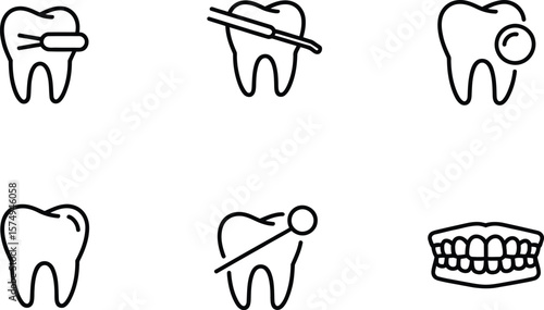 Dental care icons:  minimalist line art, teeth, braces, cleaning tools, dentures, professional healthcare.