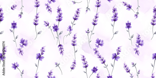 Watercolor Lavender Floral Seamless Pattern on White Background