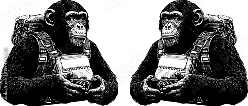 Engraved illustration of chimpanzee with camera for creative design and decor