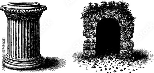 Engraved vintage urn and ancient stone relief design for artistic projects