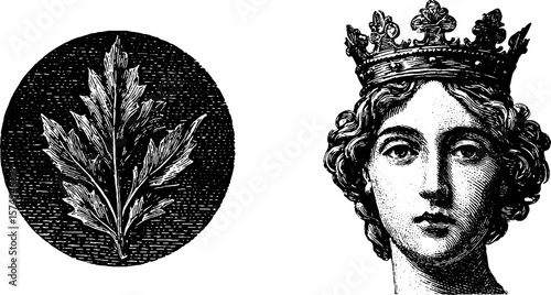 Vintage circular medallion and crowned figure engraving set for artistic design