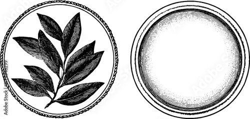 Engraved circular medallion design with botanical element for decorative use
