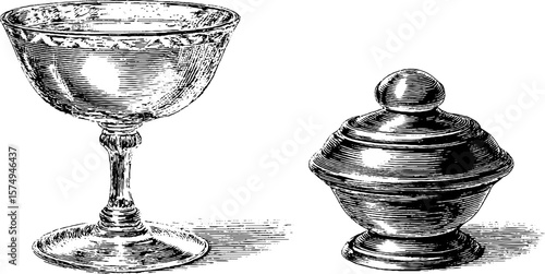 Vintage engraved cocktail glass and jar set for classic bar decor