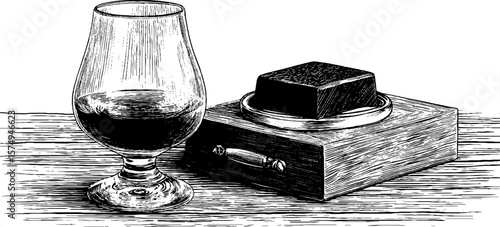 Engraved artwork of cognac snifter and wax seal for vintage design
