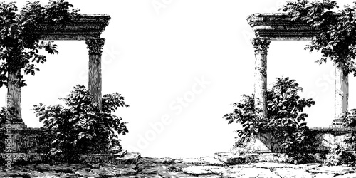 Engraved colonnade ruins scene for historical design projects