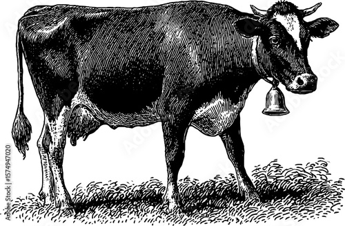 Engraved illustration of cow with bell for vintage farm design