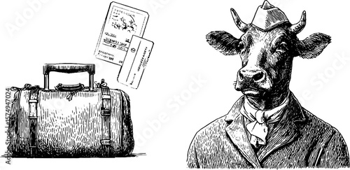 Engraved collage of cow in suit and vintage travel bag with tickets