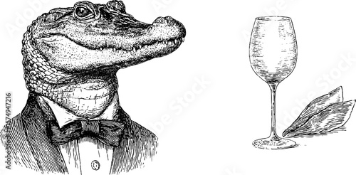 Crocodile in tuxedo with wine glass engraving for vintage design