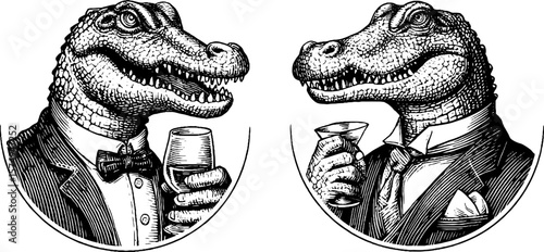 Elegant crocodile in tuxedo holding glass: vintage engraved concept for art and design