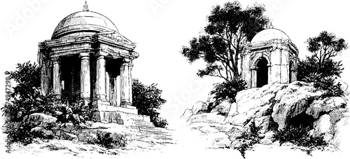 Architectural heritage of crumbling domes and ruins in engraved style for artistic design