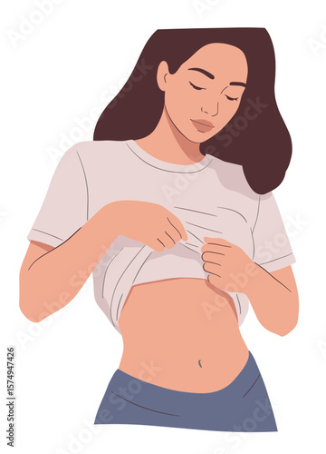 Young woman adjusting her shirt with a relaxed expression in a minimalist style