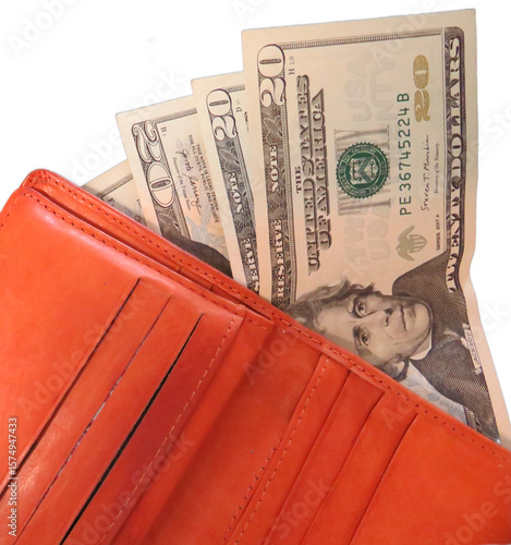 Orange wallet with dollars on a white background. 