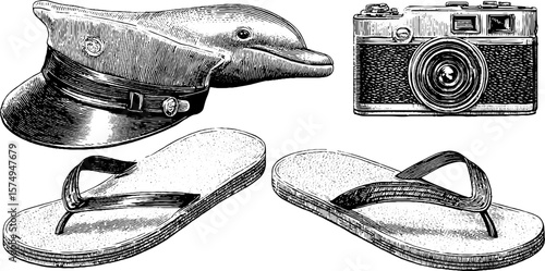 Engraved retro collage with dolphin, camera, cap, and sandals in halftone style