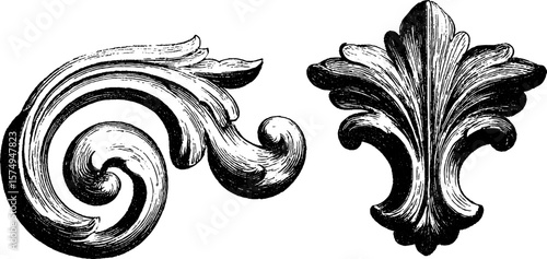 Vintage engraved double scroll crest for decorative design