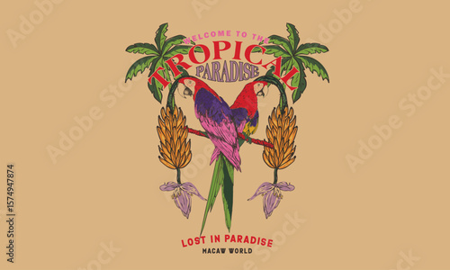 Welcome to tropical paradise. Summer vibes artwork. Copacabana beach art. Tropical paradise. Banana tree. Macaw paradise artwork. Tropical bird with flower graphic print design.