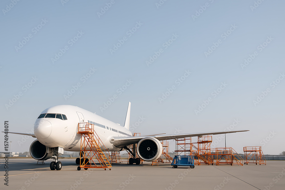 Naklejka premium Commercial airplane undergoing maintenance at airport hangar with technicians around
