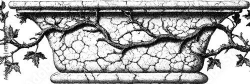 Vintage engraved dusty balustrade with ivy vines for graphic design