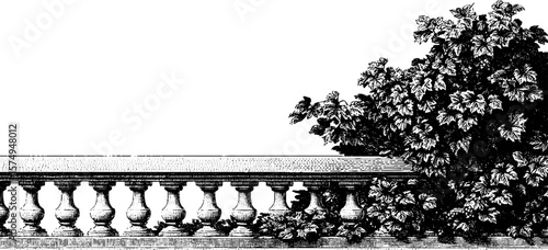 Vintage engraved design of dusty balustrade with lush foliage for decorative projects