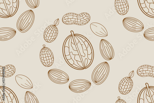 Seamless pattern featuring brown outlined nuts including almonds peanuts and other shelled nuts on beige background