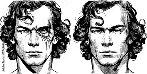 Engraved portrait collage: faces with distinctive eye and expression for artistic design