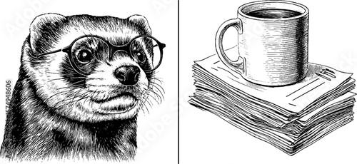 Engraved ferret with glasses and coffee mug on papers - vintage illustration collection