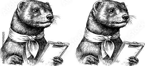 Engraved ferret in necktie with clipboard set for vintage design projects