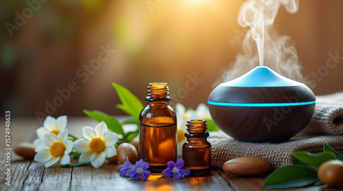 Essential oil diffuser with aromatherapy oils and flowers on a table