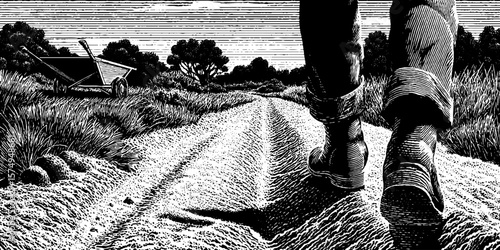 Rustic engraved landscape: field path and walking boots