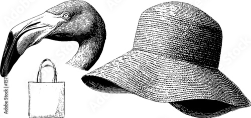 Flamingo with sunhat and tote bag engraved art set for creative design