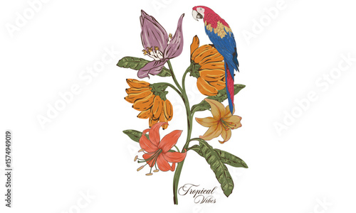 Tropical paradise. Banana tree. Tropical bird with flower graphic print design. Copacabana beach art. Macaw paradise artwork. Summer vibes artwork. 