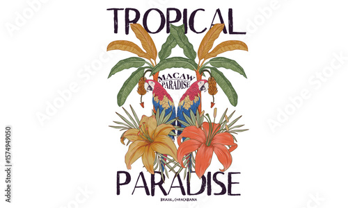 Welcome to tropical paradise. Summer vibes artwork. Copacabana beach art. Tropical paradise. Banana tree. Macaw paradise artwork. Tropical bird with flower graphic print design.