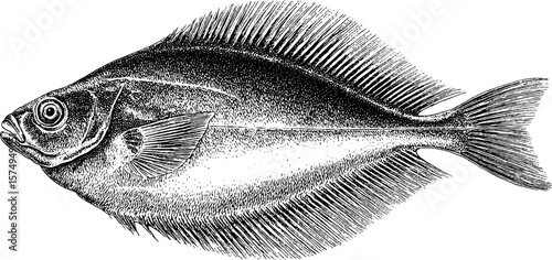 Detailed engraved illustration of flounder outline for artistic design