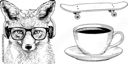 Engraved fox with headphones, coffee, and skateboard for grunge art design