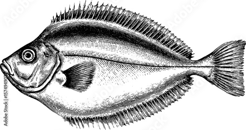 Engraved flounder illustration set for nautical design and decor